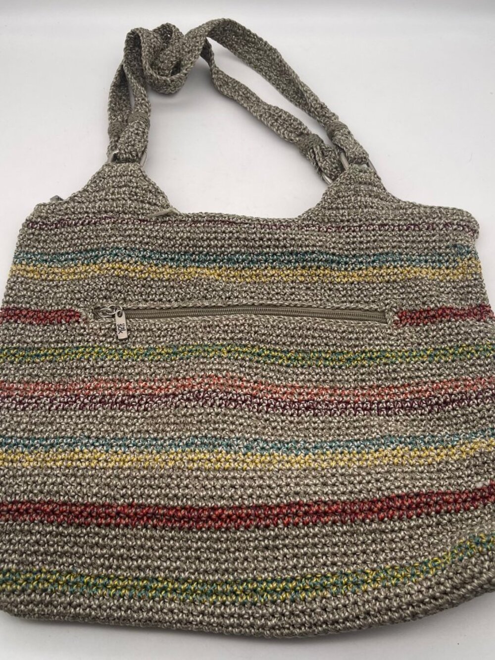 Vtg The Sak Purse Taupe Rainbow Stripe Knit Hobo Satchel Woven Shoulder Handbag